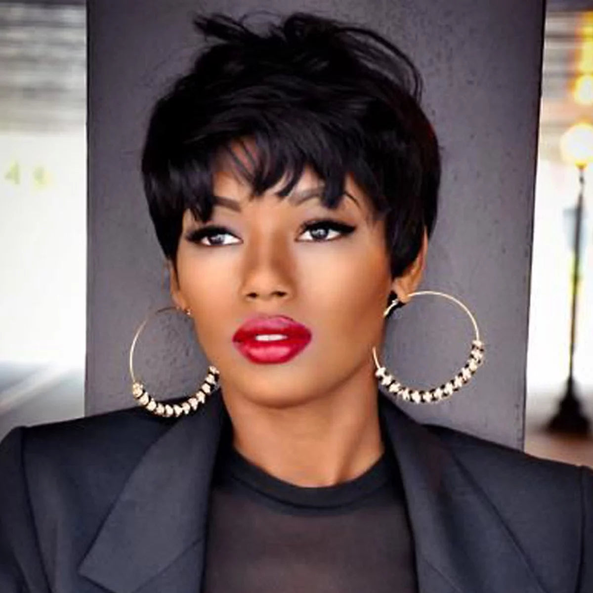 Short Wigs for Black Women Synthetic Black Pixie Cut Wigs Black Pixie Wigs with Bangs Wefted Wig Caps
