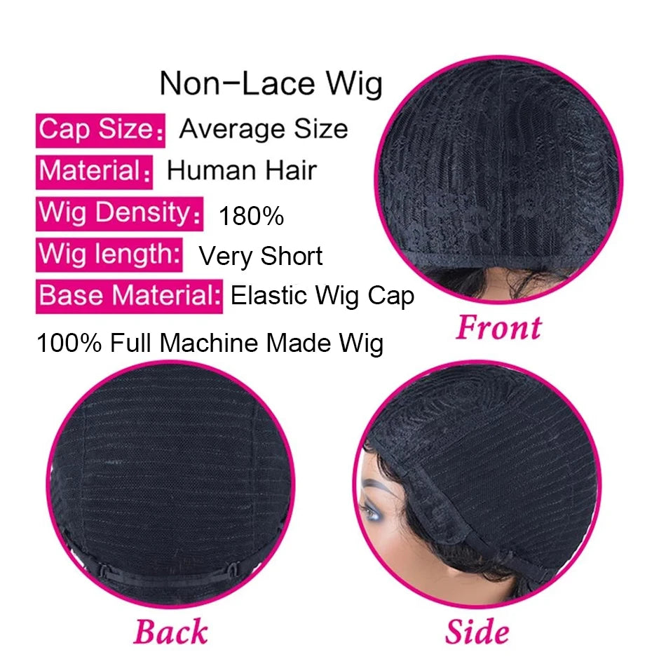 Short Afro Kinky Curly Pixie Cut Wigs for Women Human Hair Malaysian Remy 180% Density Human Hair Wigs Machine Made Wig