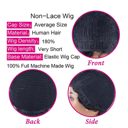 Short Afro Kinky Curly Pixie Cut Wigs for Women Human Hair Malaysian Remy 180% Density Human Hair Wigs Machine Made Wig