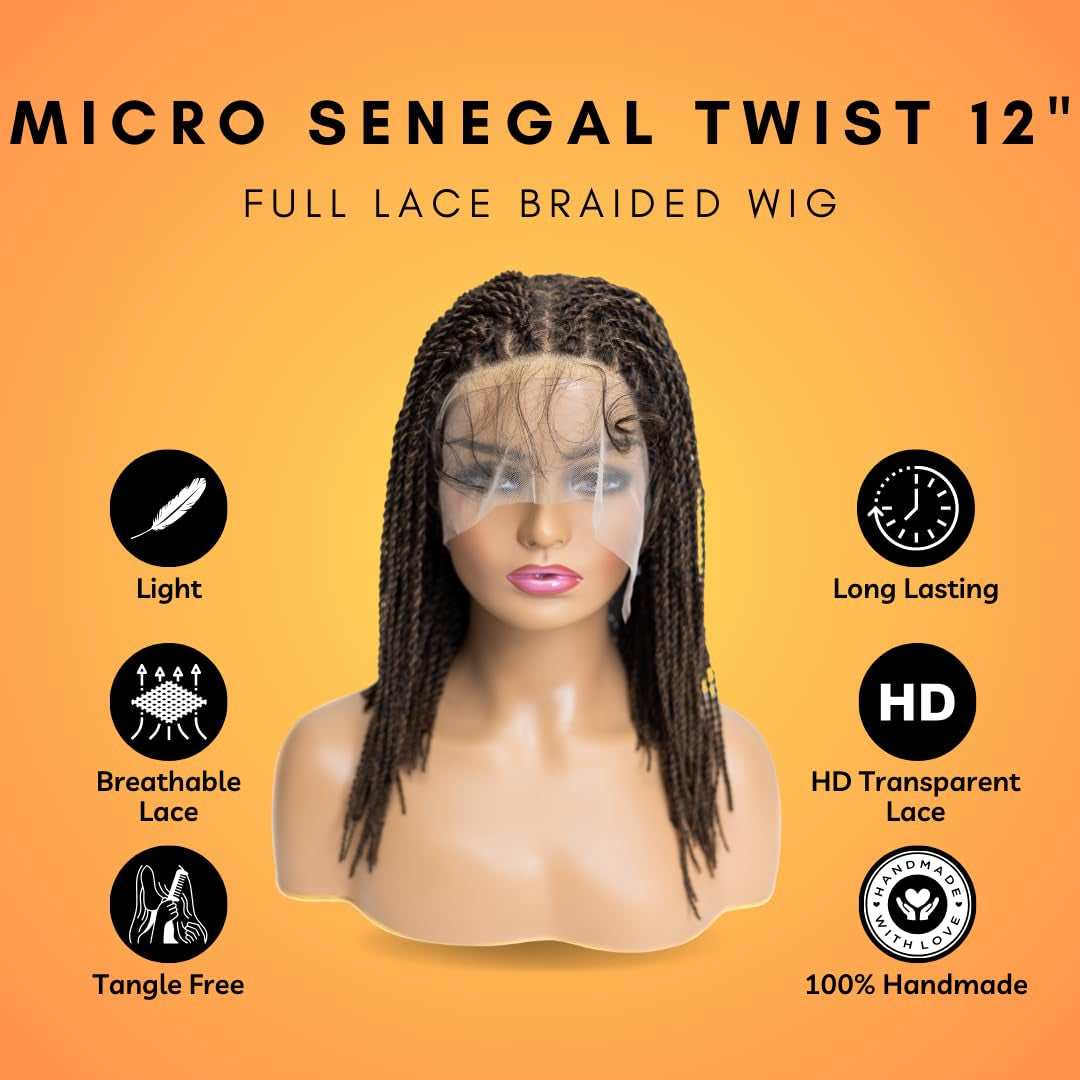 PIB 12” Single Full Lace Braid Wig – Micro Senegal Twist Braided Wig, Knotless Braided Wigs for Black Women (#1B27, off Black and Light Brown)
