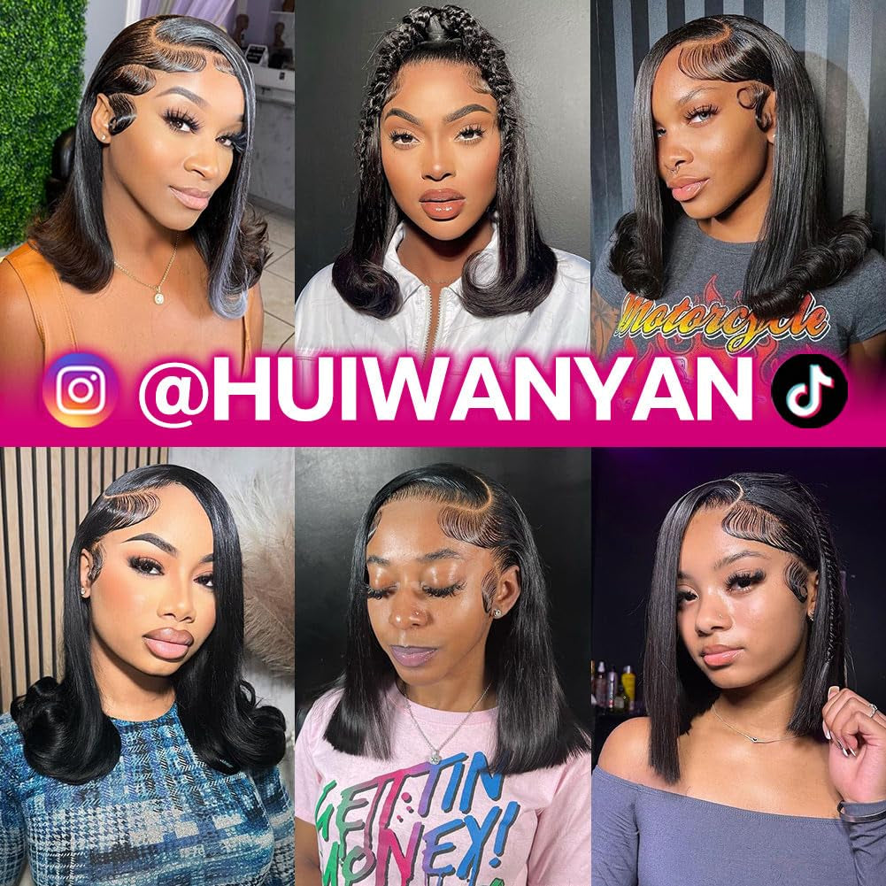 1 of HUIWANYAN Bob Wig Human Hair 14 Inch Nature Black and 1 of HUIWANYAN Bob Wig Human Hair 10 Inch Nature Black