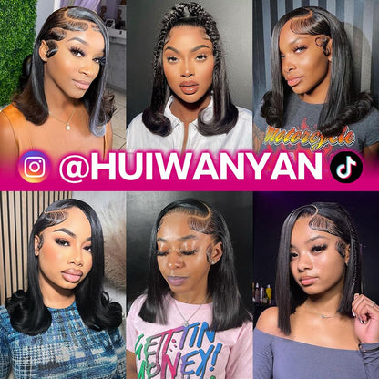 1 of HUIWANYAN Bob Wig Human Hair 14 Inch Nature Black and 1 of HUIWANYAN Bob Wig Human Hair 10 Inch Nature Black