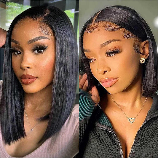 1 of HUIWANYAN Bob Wig Human Hair 14 Inch Nature Black and 1 of HUIWANYAN Bob Wig Human Hair 10 Inch Nature Black