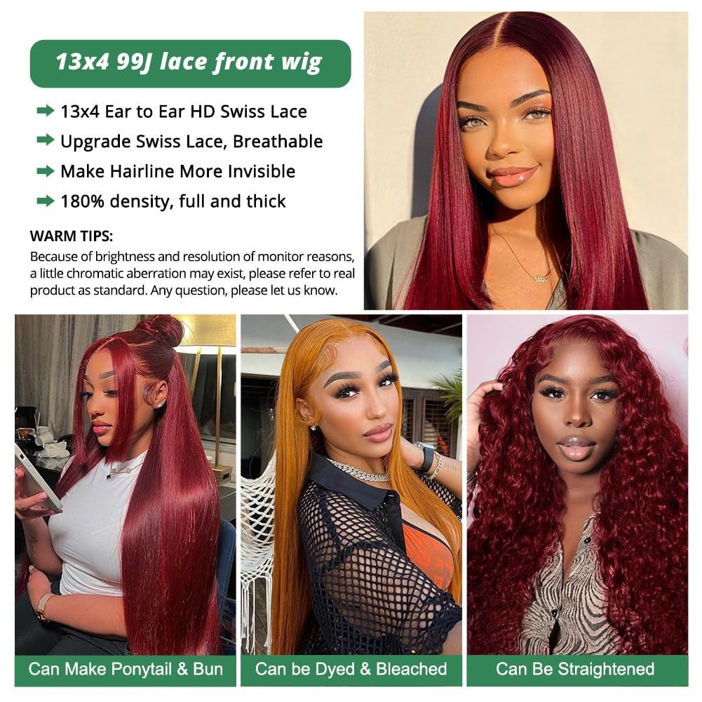 Sweetie 99J Burgundy 13X4 Lace Front Wigs Human Hair 180% Density 28 Inch Straight Lace Front Wigs Human Hair Wig for Women with Baby Hair