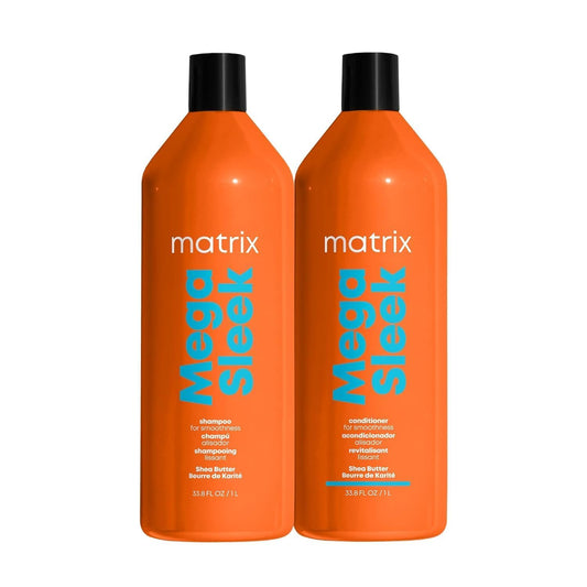 Matrix Mega Sleek Shampoo and Conditioner Set - Smoothing, Anti-Frizz, Detangling, for Dry, Damaged & Frizzy Hair, Nourishes with Shea Butter, Vegan