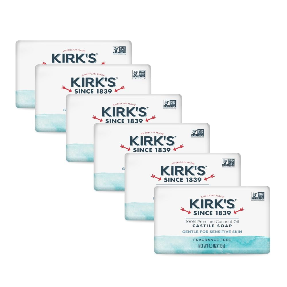 Kirk'S Castile Bar Soap for Men, Women & Children - Made with Premium Coconut Oil, Sensitive Skin Formula- Vegan & Non GMO- Fragrance Free- 4 Oz. Bars 6 Pack