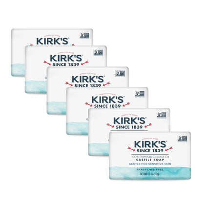 Kirk'S Castile Bar Soap for Men, Women & Children - Made with Premium Coconut Oil, Sensitive Skin Formula- Vegan & Non GMO- Fragrance Free- 4 Oz. Bars 6 Pack
