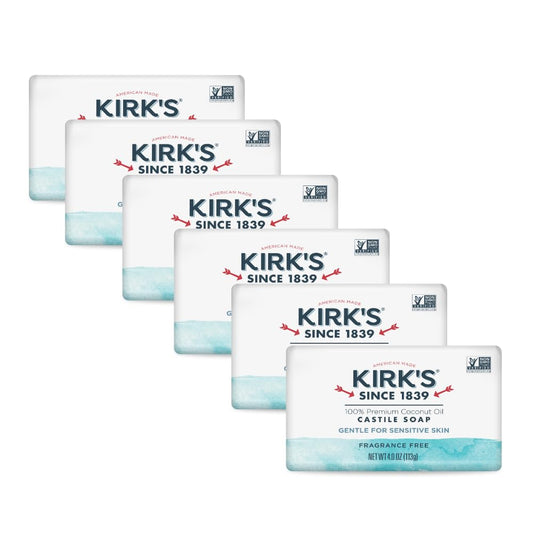 Kirk'S Castile Bar Soap for Men, Women & Children - Made with Premium Coconut Oil, Sensitive Skin Formula- Vegan & Non GMO- Fragrance Free- 4 Oz. Bars 6 Pack