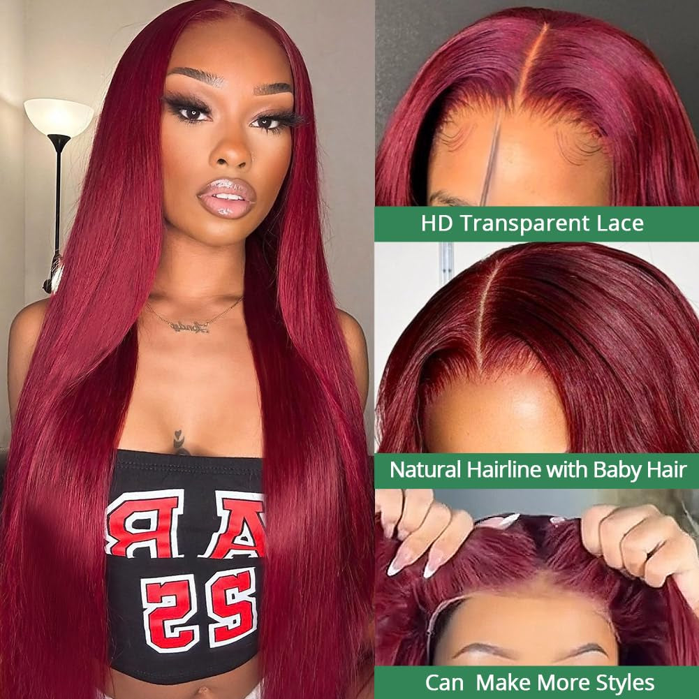 Sweetie 99J Burgundy 13X4 Lace Front Wigs Human Hair 180% Density 28 Inch Straight Lace Front Wigs Human Hair Wig for Women with Baby Hair