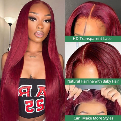 Sweetie 99J Burgundy 13X4 Lace Front Wigs Human Hair 180% Density 28 Inch Straight Lace Front Wigs Human Hair Wig for Women with Baby Hair