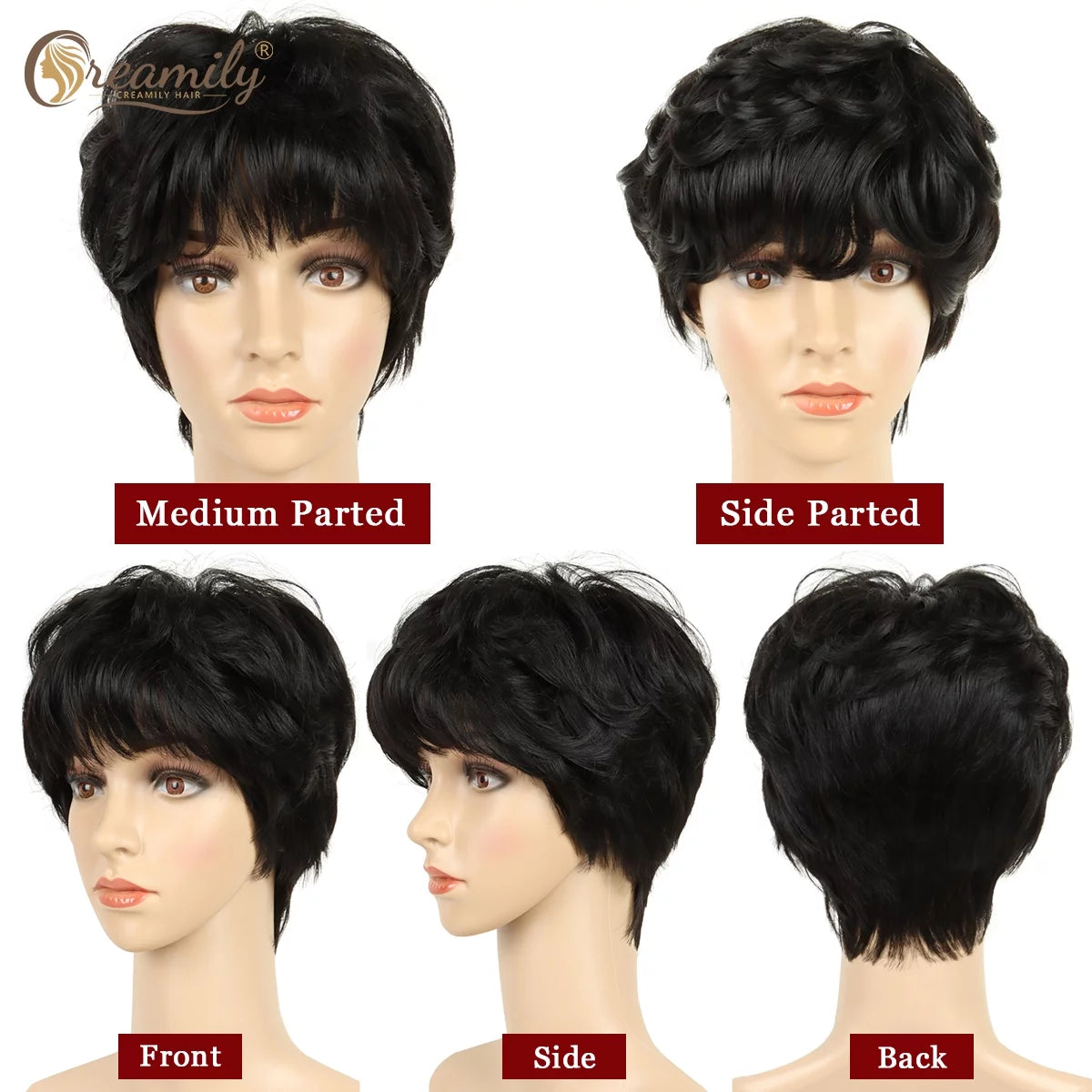 Short Wigs for Black Women Synthetic Black Pixie Cut Wigs Black Pixie Wigs with Bangs Wefted Wig Caps
