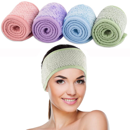 Whaline 4 Pack Spa Facial Headband Makeup Hair Wrap Adjustable Hair Band Soft Towel Head Band for Face Washing, Shower Sports Yoga (Pea Green, Pink, Beige, Light Gray)