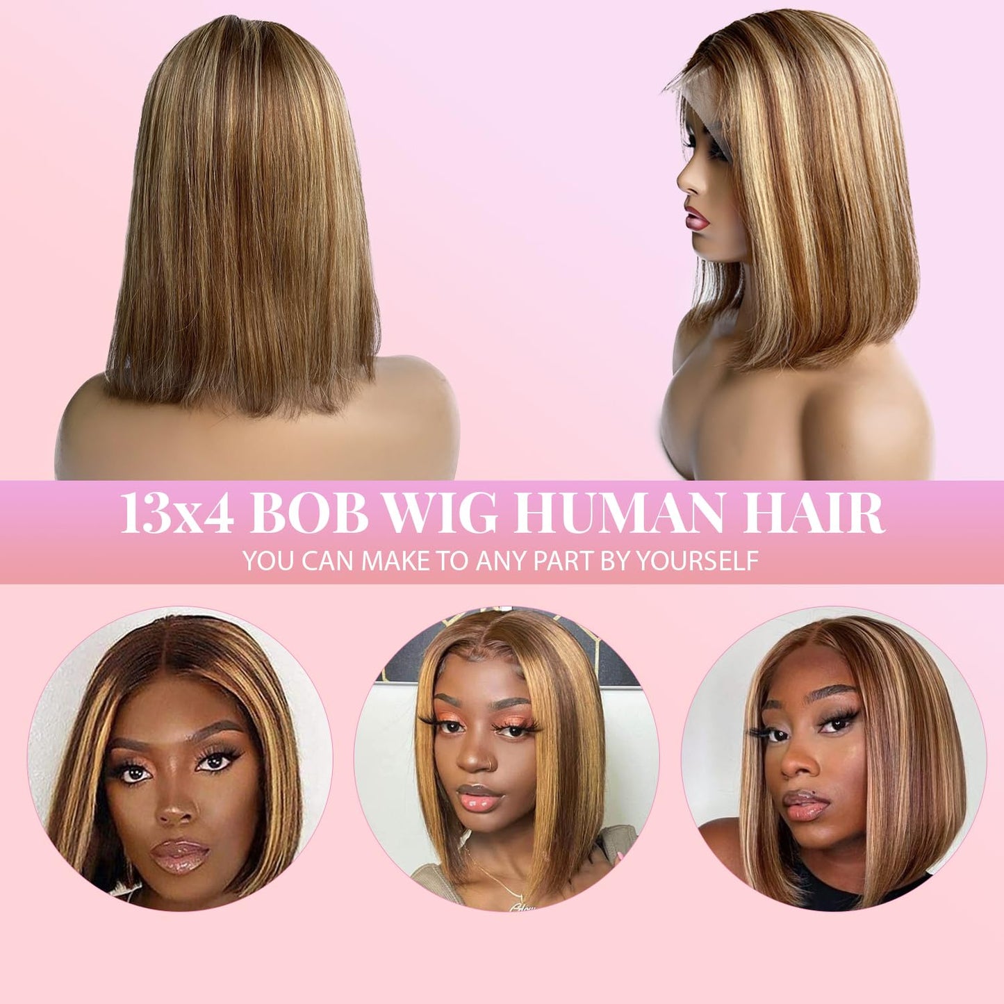 Ombre Bob Wig Human Hair 180% Density 13X4 Lace Front Wigs Pre-Plucked Highlights Wigs for Women 8 Inch