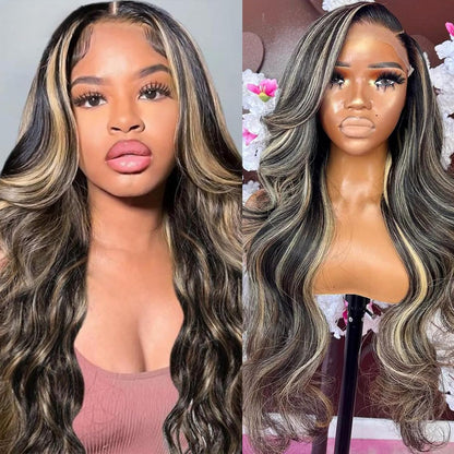 Ombre Lace Front Wig Human Hair 4/27 13X4 HD Body Wave Highlight Lace Front Wig Human Hair Pre Plucked with Baby Hair 180% Density Glueless Lace Front Wigs Human Hair 20Inch