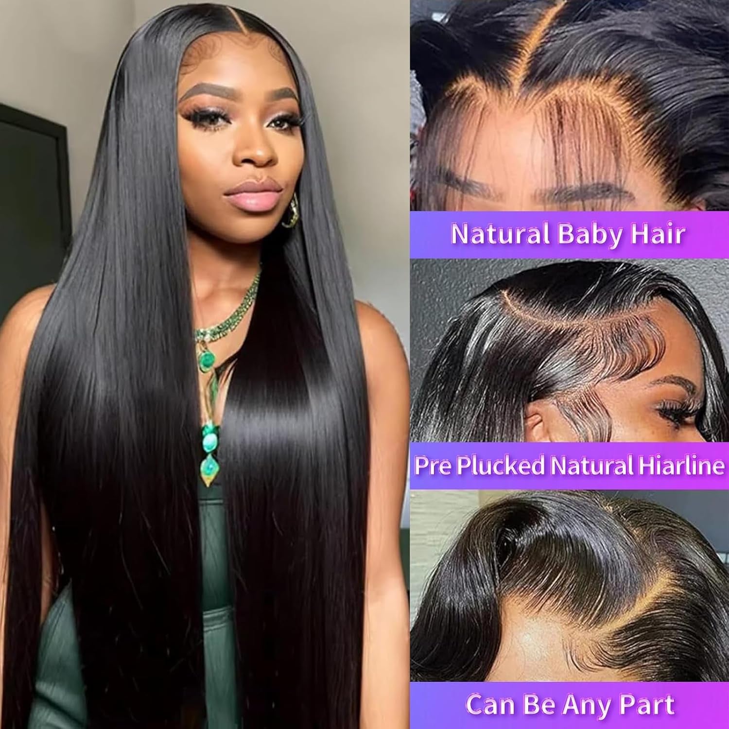 Violly 28 Inch 13X4 Lace Front Wigs Human Hair Straight HD Transparent Wigs for Women 180 Density Straight Lace Frontal Human Hair Wigs Pre Plcked with Baby Hair Natural Black
