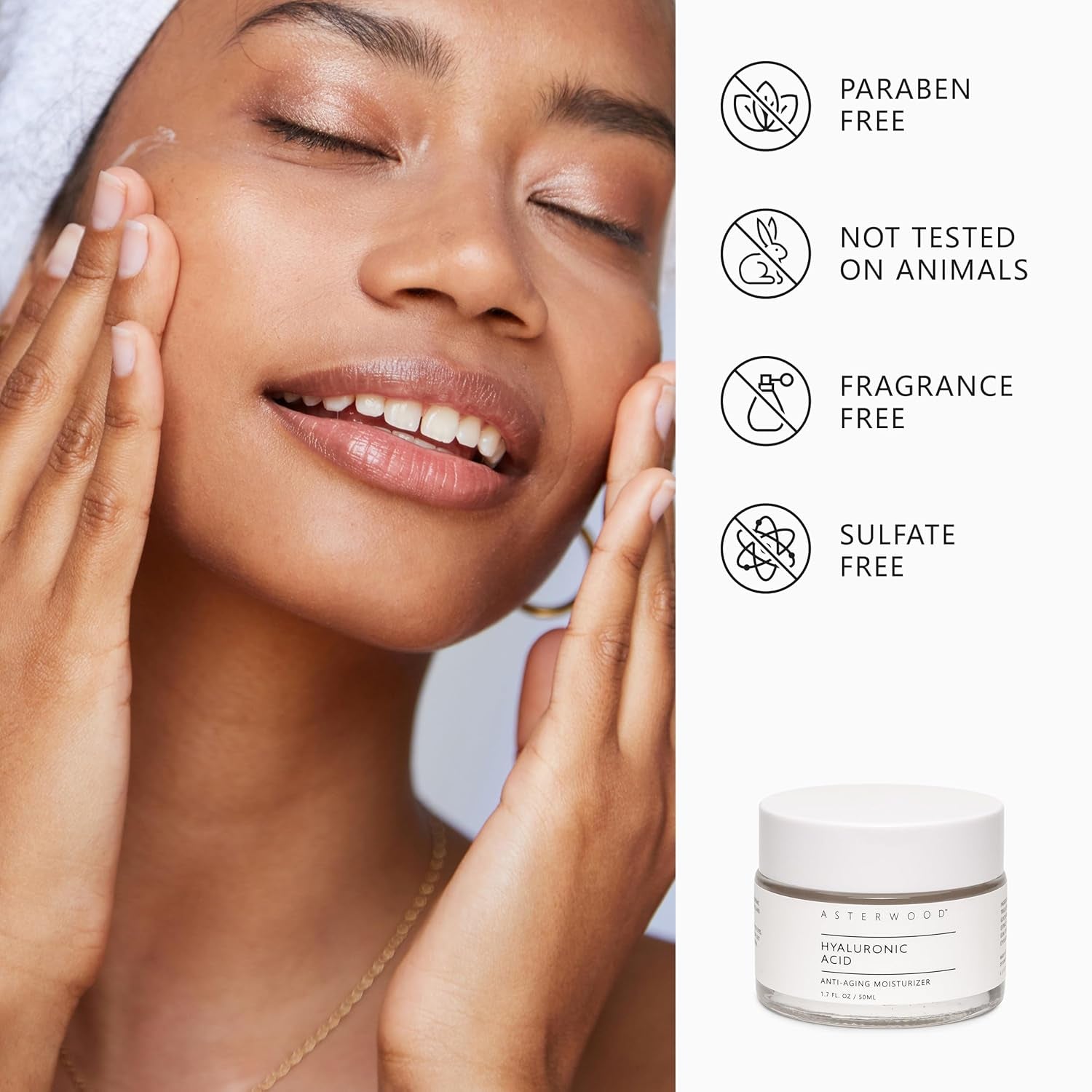 Asterwood Hyaluronic Acid Moisturizer - Anti-Aging, Wrinkle Reducing, Moisturizing, Hydrating - Fragrance-Free, Non-Comedogenic - 1.7 Fl Oz