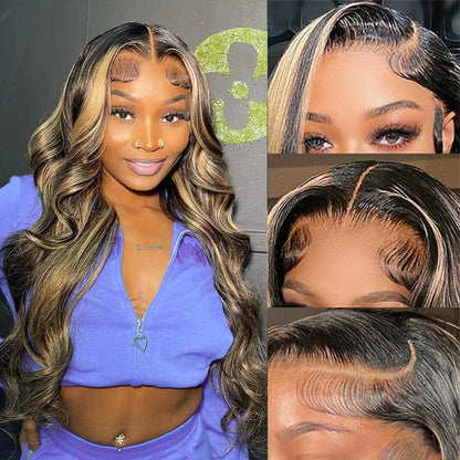 Ombre Lace Front Wig Human Hair 4/27 13X4 HD Body Wave Highlight Lace Front Wig Human Hair Pre Plucked with Baby Hair 180% Density Glueless Lace Front Wigs Human Hair 20Inch