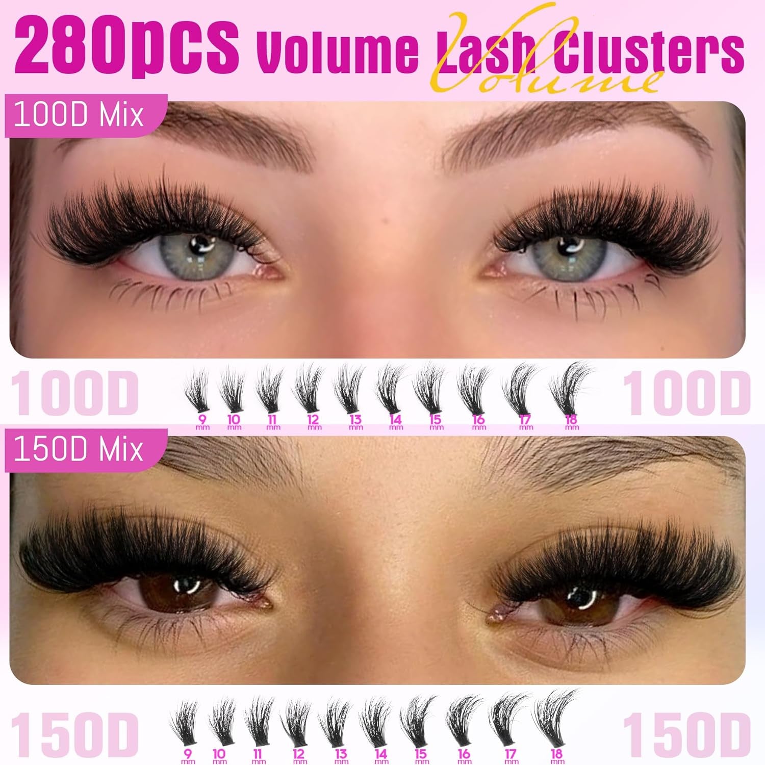 Lash Extension Kit Full Lash Clusters Kit 280Pcs Volume Eyelash Extension Kit 100D/150D 2 Styles Eyelash Clusters Kit Bond and Seal Lash Glue with Tweezers Thick Individual Lashes Kit by Ruairie