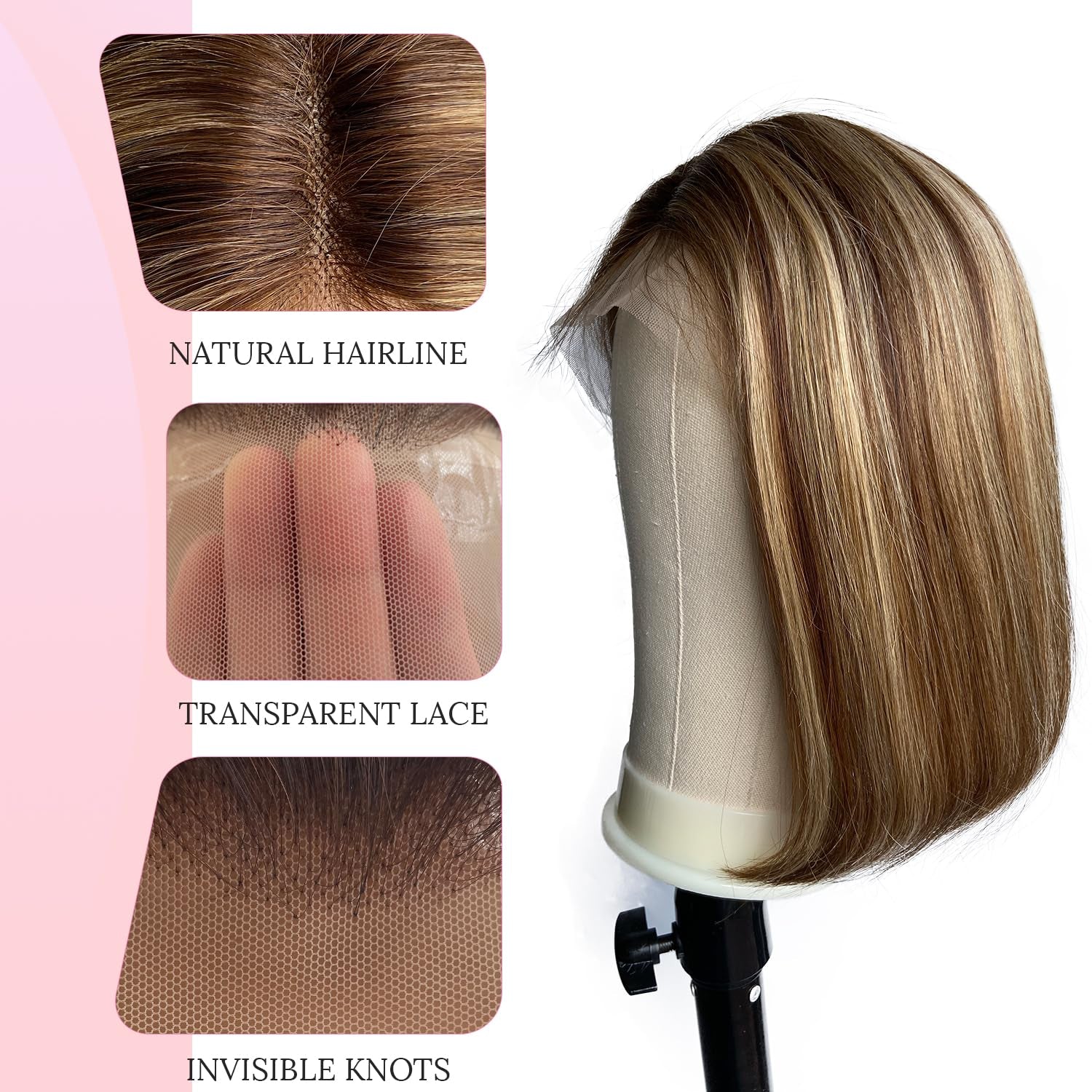 Ombre Bob Wig Human Hair 180% Density 13X4 Lace Front Wigs Pre-Plucked Highlights Wigs for Women 8 Inch