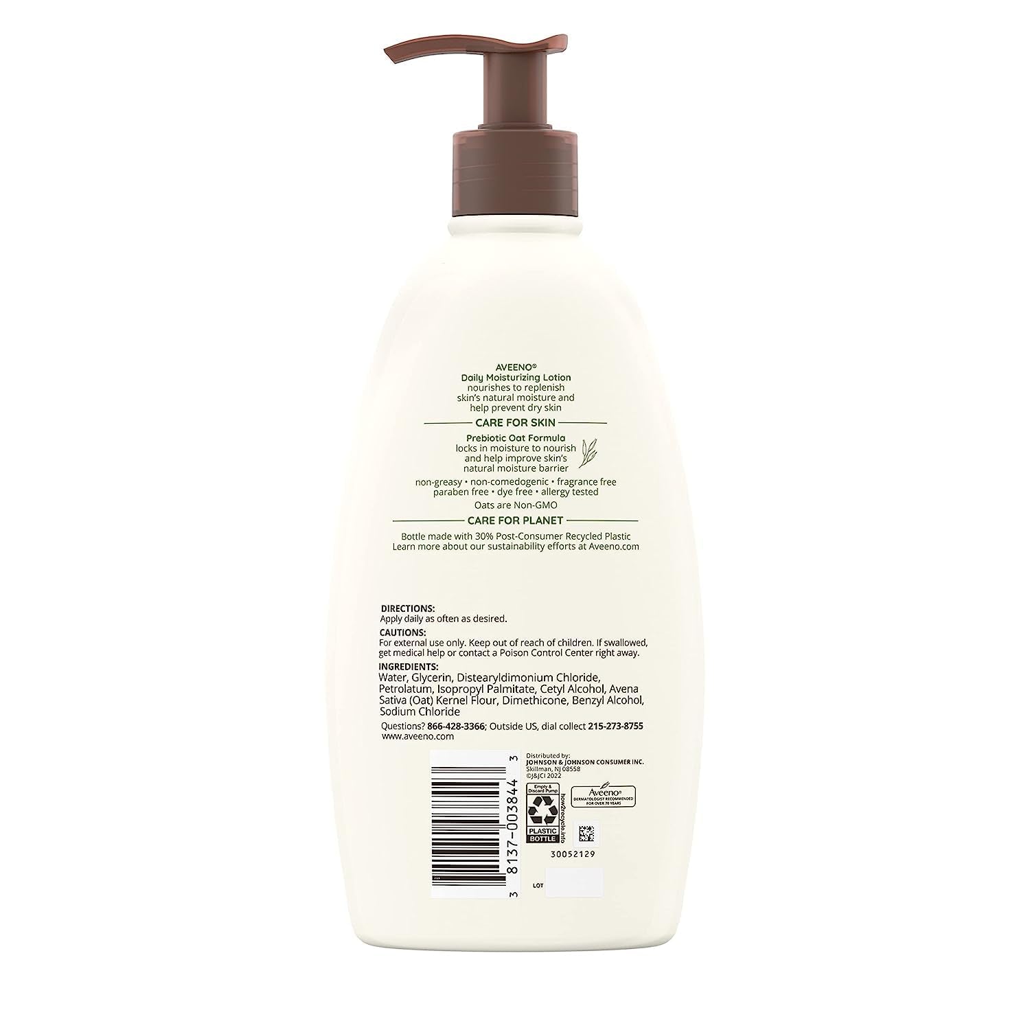 Aveeno Daily Moisturizing Body Lotion for Dry and Sensitive Skin with Prebiotic Oat - Fragrance and Paraben Free, Non-Greasy, Non-Comedogenic, 48-Hour Hydration, 18 Fl Oz