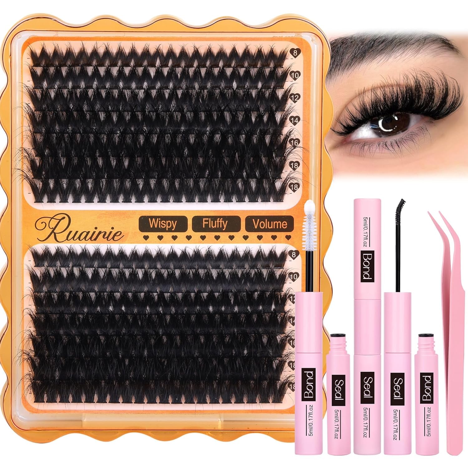 Lash Extension Kit Full Lash Clusters Kit 280Pcs Volume Eyelash Extension Kit 100D/150D 2 Styles Eyelash Clusters Kit Bond and Seal Lash Glue with Tweezers Thick Individual Lashes Kit by Ruairie
