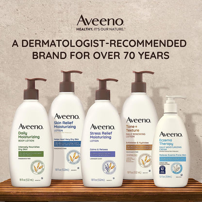 Aveeno Daily Moisturizing Body Lotion for Dry and Sensitive Skin with Prebiotic Oat - Fragrance and Paraben Free, Non-Greasy, Non-Comedogenic, 48-Hour Hydration, 18 Fl Oz
