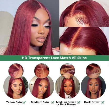 Sweetie 99J Burgundy 13X4 Lace Front Wigs Human Hair 180% Density 28 Inch Straight Lace Front Wigs Human Hair Wig for Women with Baby Hair