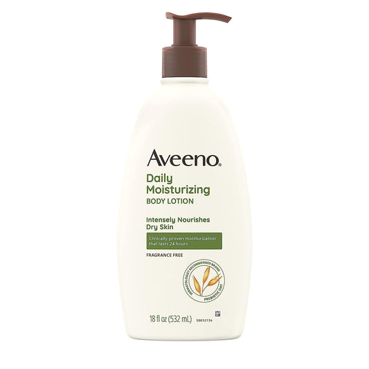 Aveeno Daily Moisturizing Body Lotion for Dry and Sensitive Skin with Prebiotic Oat - Fragrance and Paraben Free, Non-Greasy, Non-Comedogenic, 48-Hour Hydration, 18 Fl Oz