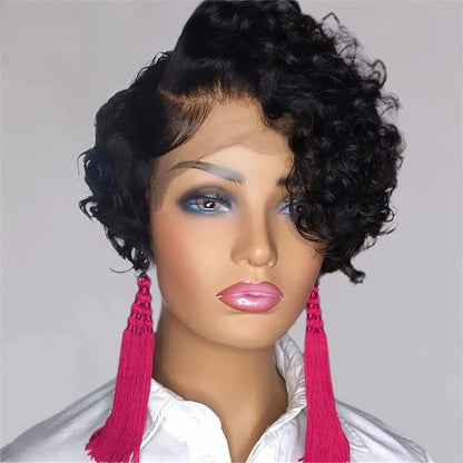 Suwequest Pixie Cut Wig Short Bob Curly Human Hair Wigs Transparent Lace Natural Color Water Wave Human Hair Wigs