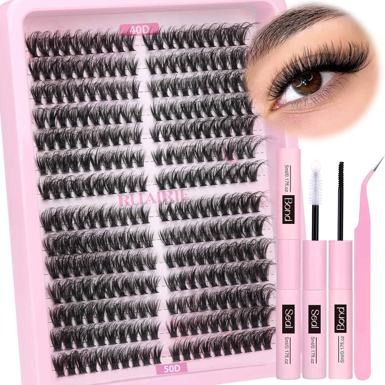 Lash Extension Kit Full Lash Clusters Kit 280Pcs Volume Eyelash Extension Kit 100D/150D 2 Styles Eyelash Clusters Kit Bond and Seal Lash Glue with Tweezers Thick Individual Lashes Kit by Ruairie