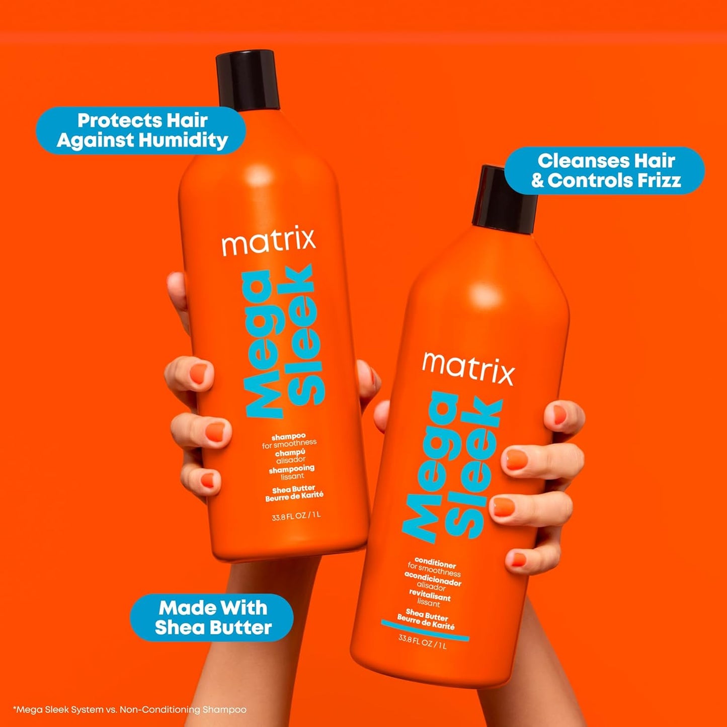 Matrix Mega Sleek Shampoo and Conditioner Set - Smoothing, Anti-Frizz, Detangling, for Dry, Damaged & Frizzy Hair, Nourishes with Shea Butter, Vegan