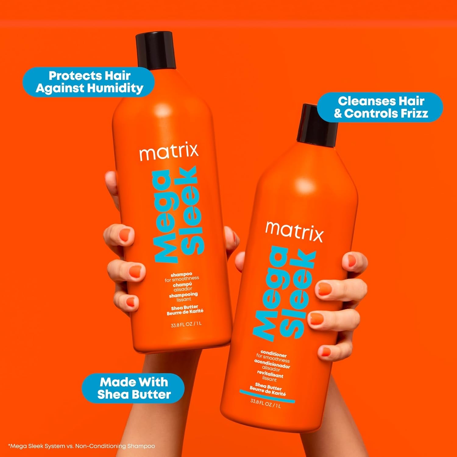 Matrix Mega Sleek Shampoo and Conditioner Set - Smoothing, Anti-Frizz, Detangling, for Dry, Damaged & Frizzy Hair, Nourishes with Shea Butter, Vegan