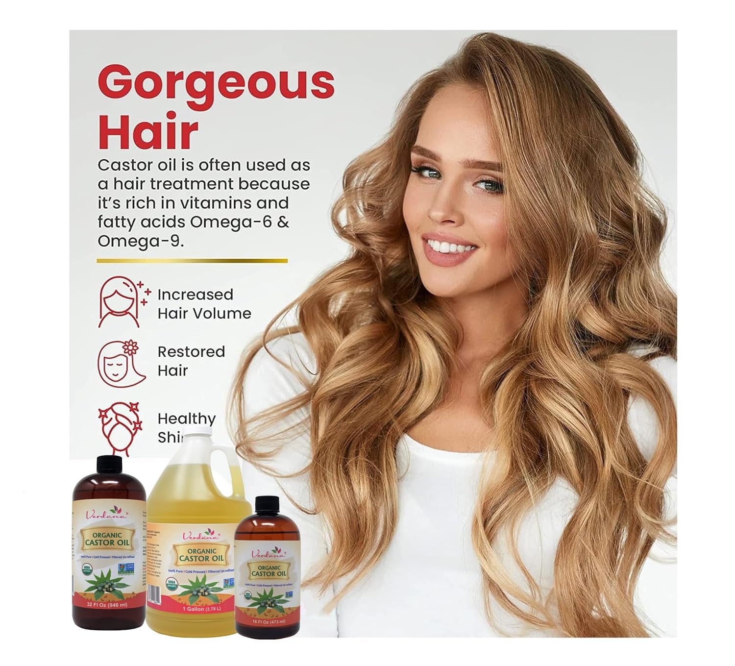 Verdana Organic Castor Oil – 16 Fl Oz Size – Cold Pressed, Unrefined, Hexane-Free – USDA Organic – Natural Moisturizer for Hair Growth, Eyelashes, Skin, Scalp & Castor Oil Packs