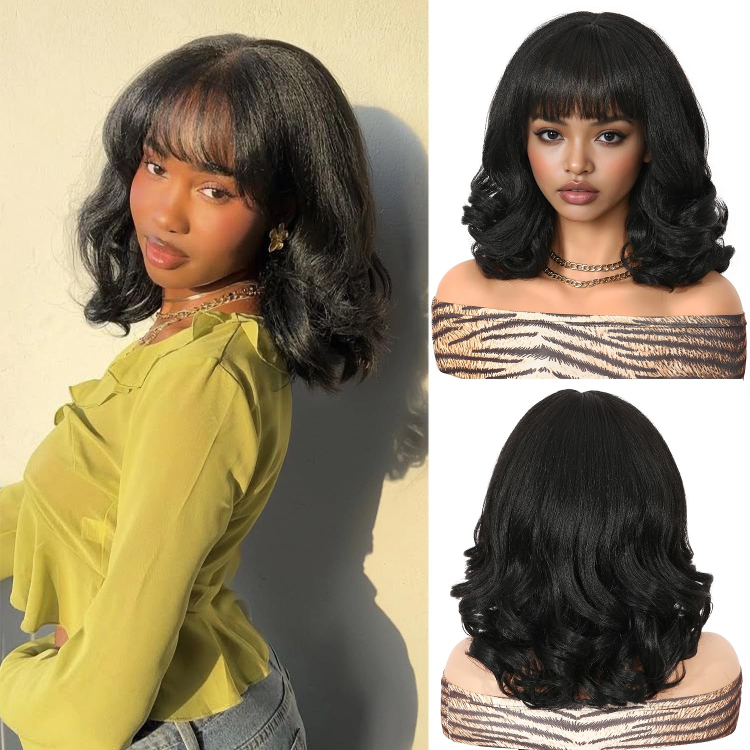 WIGER Yaki Texture Wavy Wig with Bangs