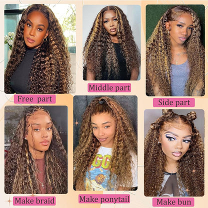 Honey Blonde 13X4 Deep Wave Lace Front Wigs Human Hair Pre Plucked with Baby Hair 4/27 Highlight Glueless HD Transparent Lace Frontal Wigs for Black Women 180 Density (26 Inch)
