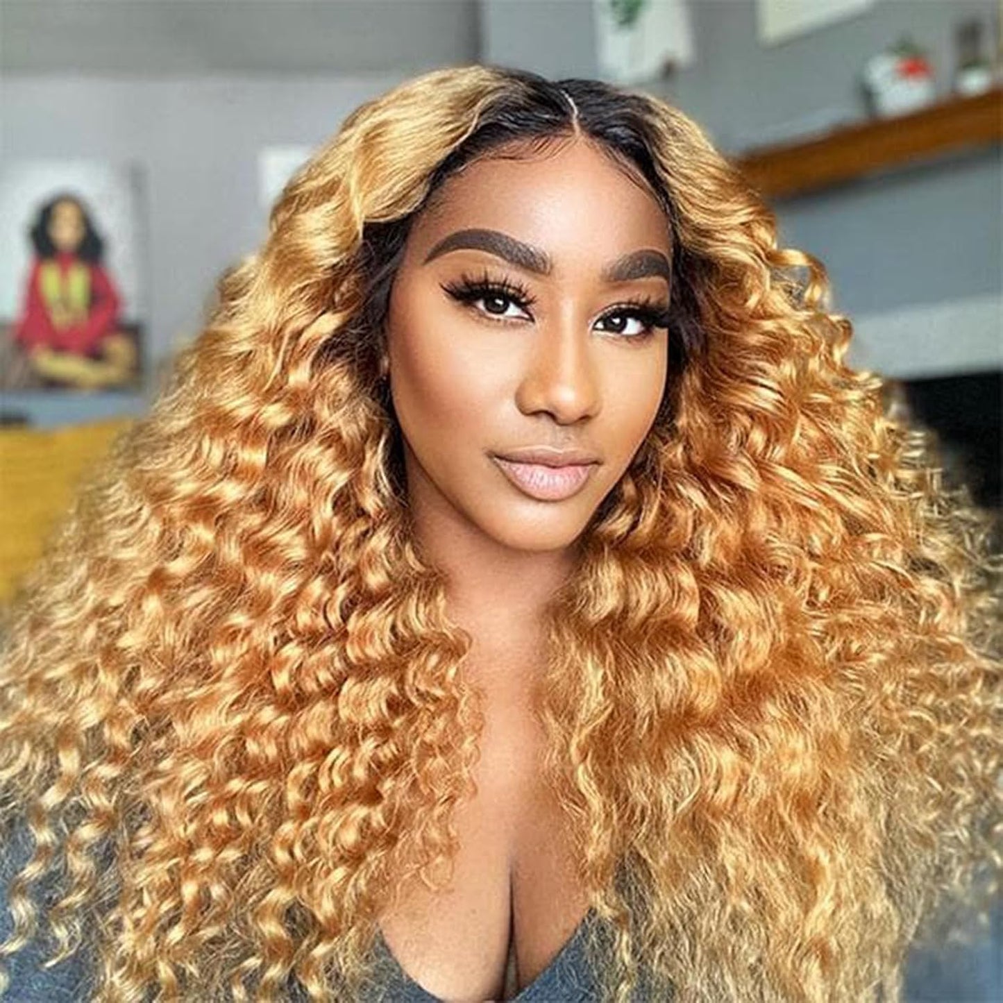 Omber Brown 27 Deep Wave Lace Front Wigs Human Hair Colored Lace Frontal Wig for Women 4X4 HD Lace Blonde Curly Wig Human Hair Pre Plucked with Baby Hair 200% Density, 28 Inch
