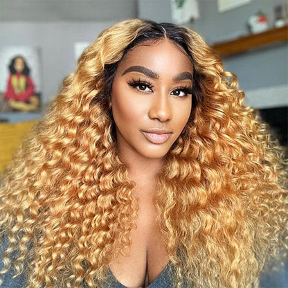 Omber Brown 27 Deep Wave Lace Front Wigs Human Hair Colored Lace Frontal Wig for Women 4X4 HD Lace Blonde Curly Wig Human Hair Pre Plucked with Baby Hair 200% Density, 28 Inch