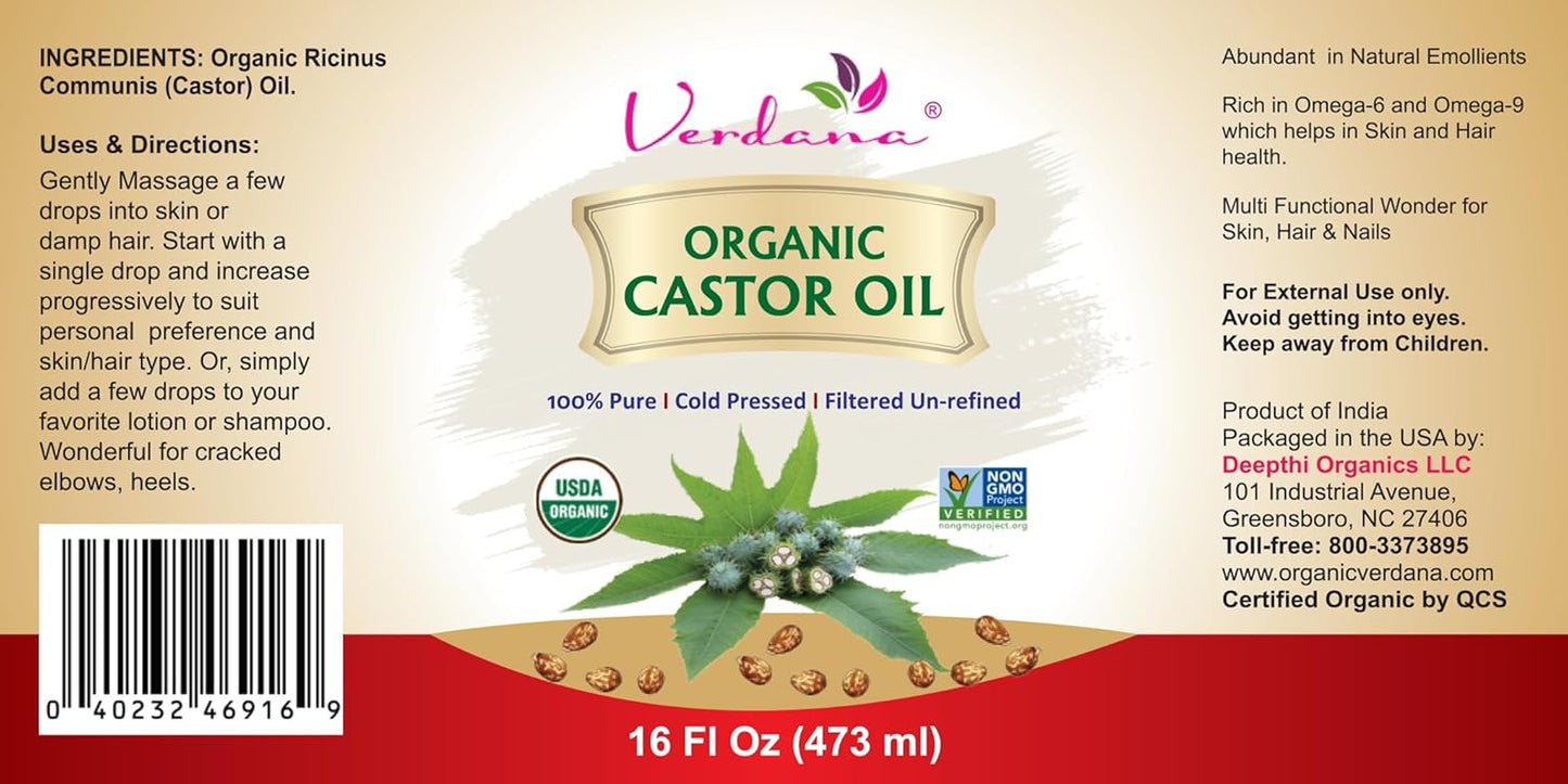 Verdana Organic Castor Oil – 16 Fl Oz Size – Cold Pressed, Unrefined, Hexane-Free – USDA Organic – Natural Moisturizer for Hair Growth, Eyelashes, Skin, Scalp & Castor Oil Packs