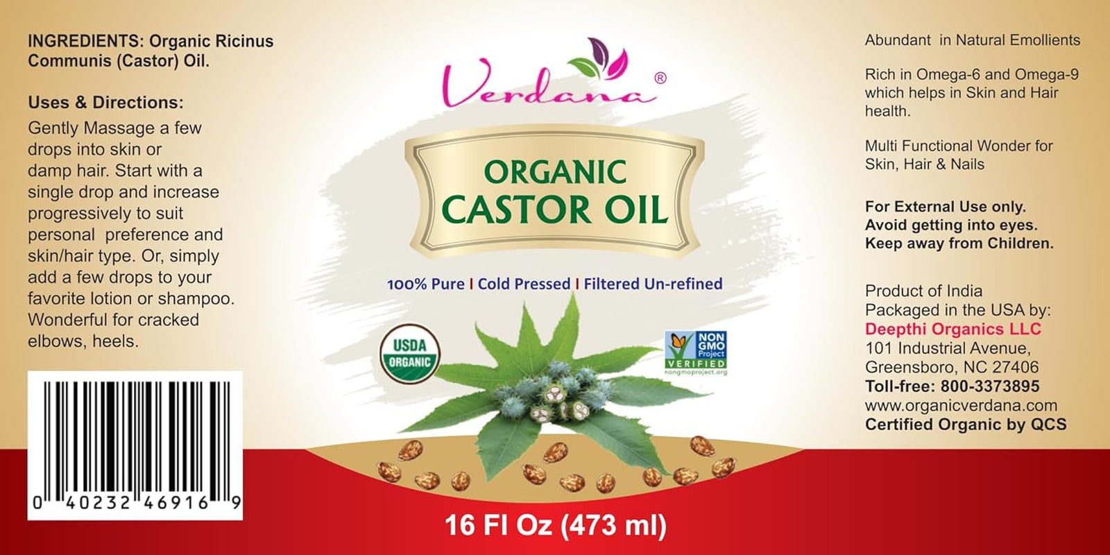 Verdana Organic Castor Oil – 16 Fl Oz Size – Cold Pressed, Unrefined, Hexane-Free – USDA Organic – Natural Moisturizer for Hair Growth, Eyelashes, Skin, Scalp & Castor Oil Packs