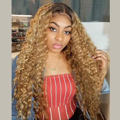 Omber Brown 27 Deep Wave Lace Front Wigs Human Hair Colored Lace Frontal Wig for Women 4X4 HD Lace Blonde Curly Wig Human Hair Pre Plucked with Baby Hair 200% Density, 28 Inch