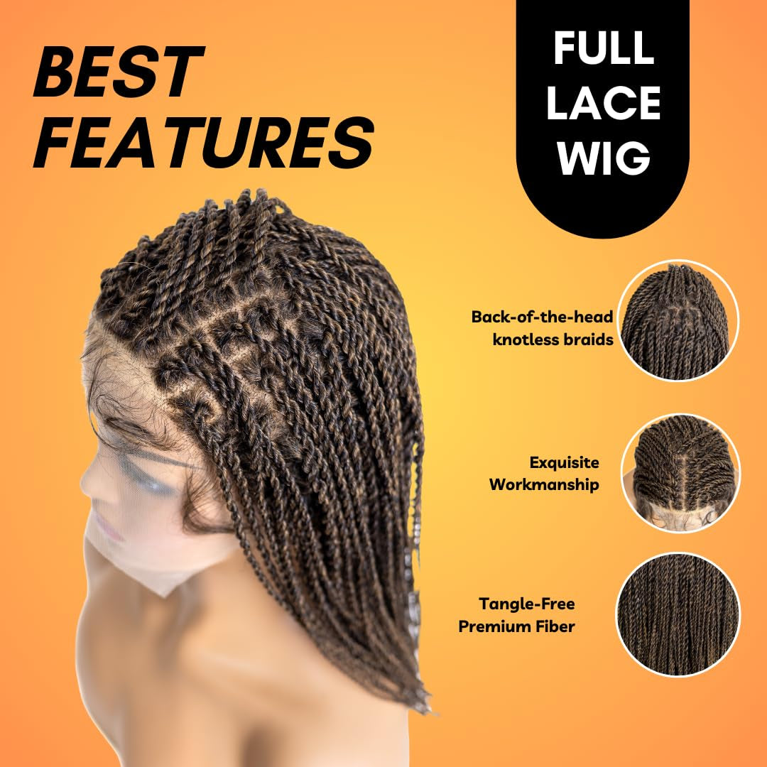 PIB 12” Single Full Lace Braid Wig – Micro Senegal Twist Braided Wig, Knotless Braided Wigs for Black Women (#1B27, off Black and Light Brown)