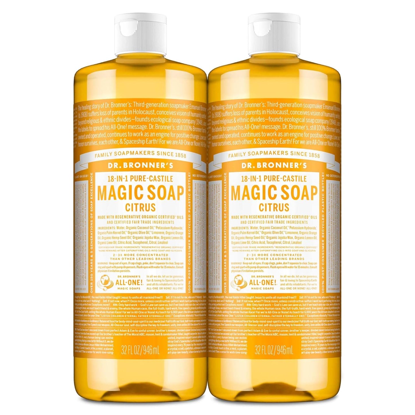 Dr. Bronner'S Magic Soap-Pure-Castile Liquid Soap (Citrus, 32 Ounce, 2-Pack)-Regenerative Organic Certified Oils, 18-In-1 Uses: Body, Hair, Laundry, Pets & Dishes, Concentrated, Vegan, Non-Gmo