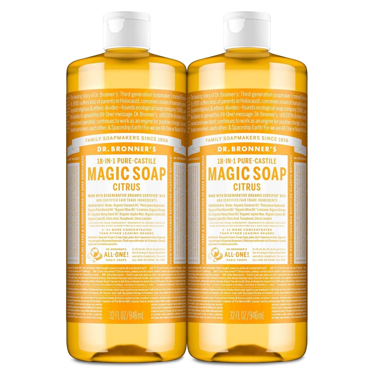 Dr. Bronner'S Magic Soap-Pure-Castile Liquid Soap (Citrus, 32 Ounce, 2-Pack)-Regenerative Organic Certified Oils, 18-In-1 Uses: Body, Hair, Laundry, Pets & Dishes, Concentrated, Vegan, Non-Gmo