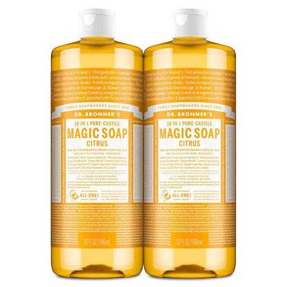 Dr. Bronner'S Magic Soap-Pure-Castile Liquid Soap (Citrus, 32 Ounce, 2-Pack)-Regenerative Organic Certified Oils, 18-In-1 Uses: Body, Hair, Laundry, Pets & Dishes, Concentrated, Vegan, Non-Gmo