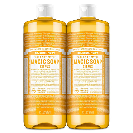 Dr. Bronner'S Magic Soap-Pure-Castile Liquid Soap (Citrus, 32 Ounce, 2-Pack)-Regenerative Organic Certified Oils, 18-In-1 Uses: Body, Hair, Laundry, Pets & Dishes, Concentrated, Vegan, Non-Gmo
