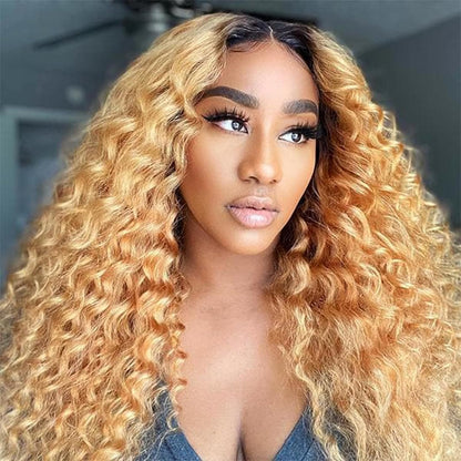 Omber Brown 27 Deep Wave Lace Front Wigs Human Hair Colored Lace Frontal Wig for Women 4X4 HD Lace Blonde Curly Wig Human Hair Pre Plucked with Baby Hair 200% Density, 28 Inch