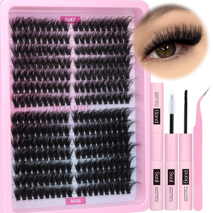 Lash Extension Kit Full Lash Clusters Kit 280Pcs Volume Eyelash Extension Kit 100D/150D 2 Styles Eyelash Clusters Kit Bond and Seal Lash Glue with Tweezers Thick Individual Lashes Kit by Ruairie