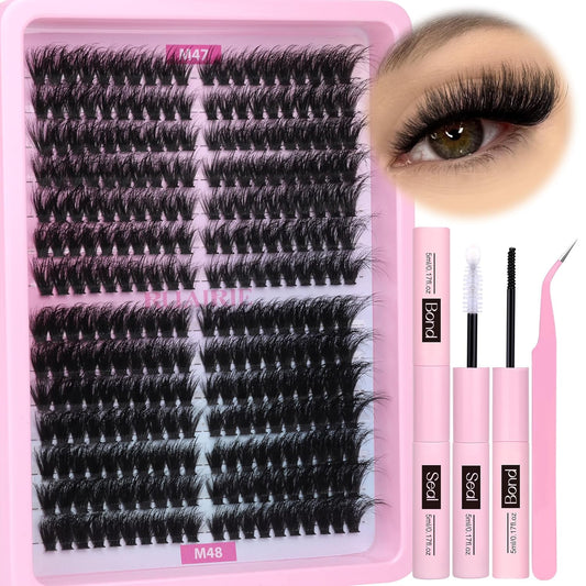 Lash Extension Kit Full Lash Clusters Kit 280Pcs Volume Eyelash Extension Kit 100D/150D 2 Styles Eyelash Clusters Kit Bond and Seal Lash Glue with Tweezers Thick Individual Lashes Kit by Ruairie