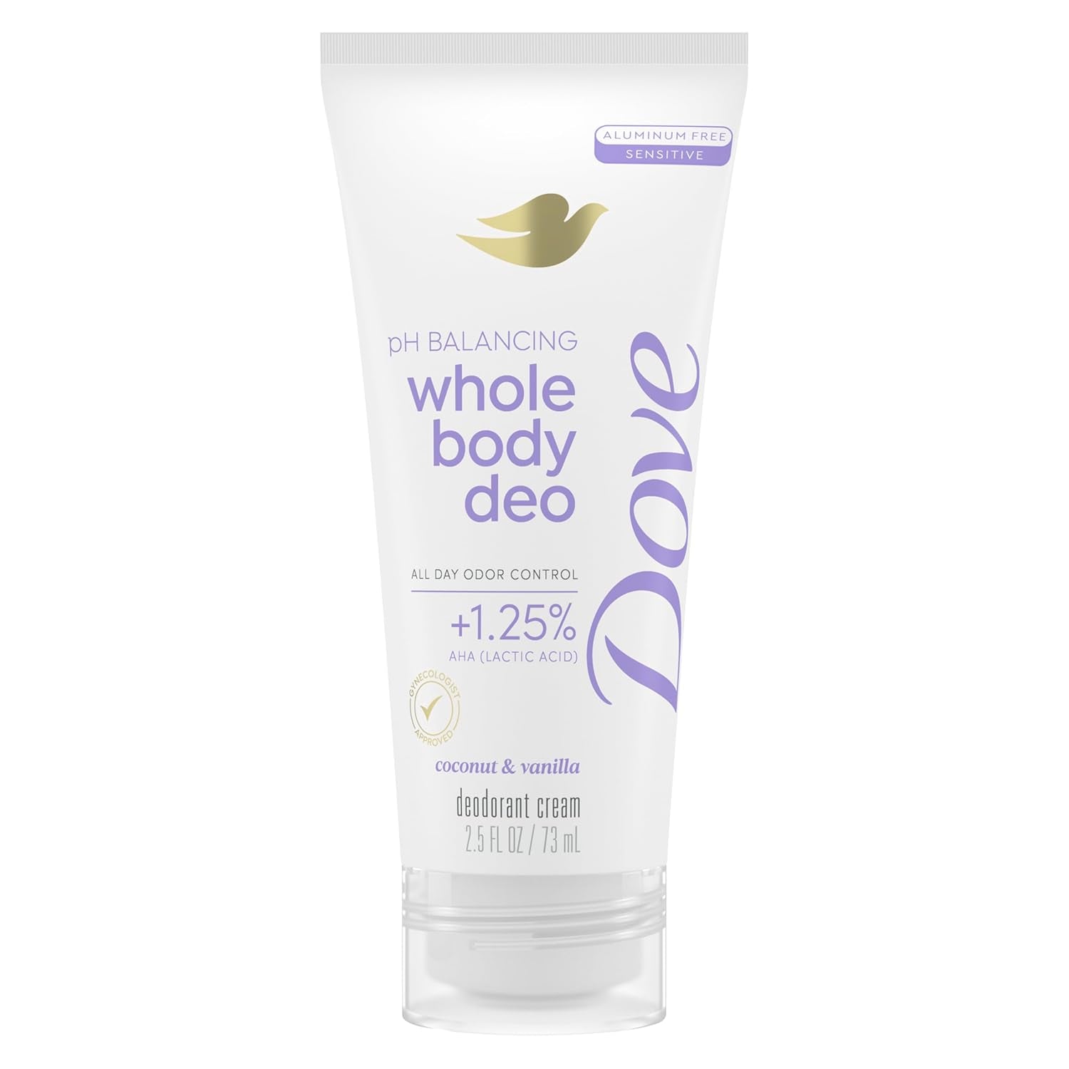 Dove Whole Body Deo Aluminum Free Ph Balancing Cream Deodorant Coconut & Vanilla for 72H Odor Control 2.5 Oz