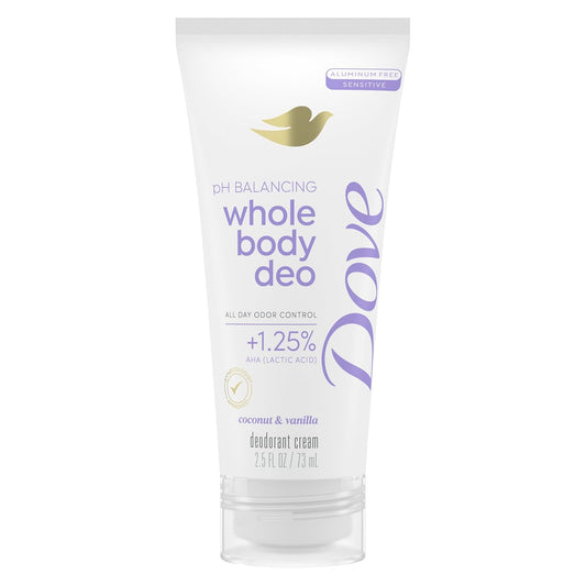 Dove Whole Body Deo Aluminum Free Ph Balancing Cream Deodorant Coconut & Vanilla for 72H Odor Control 2.5 Oz